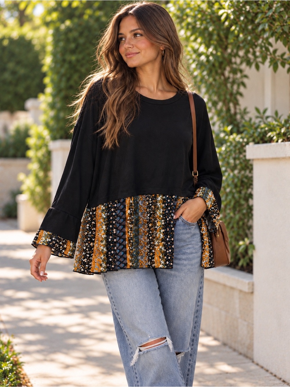 Black Mixed-Print Peplum Tunic Top with Gold Accent